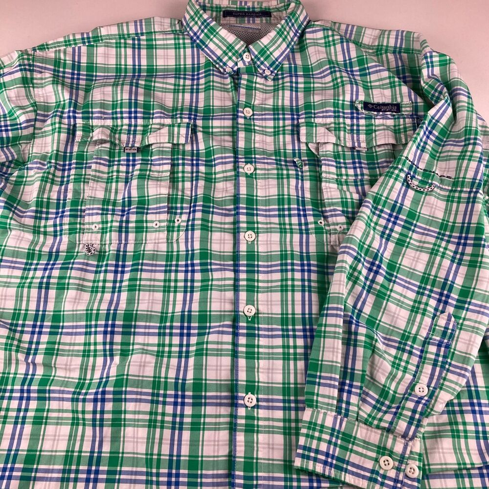 Columbia PFG Super Bahama Shirt Mens 2XLT Green Plaid Fishing Vent Long Sleeve